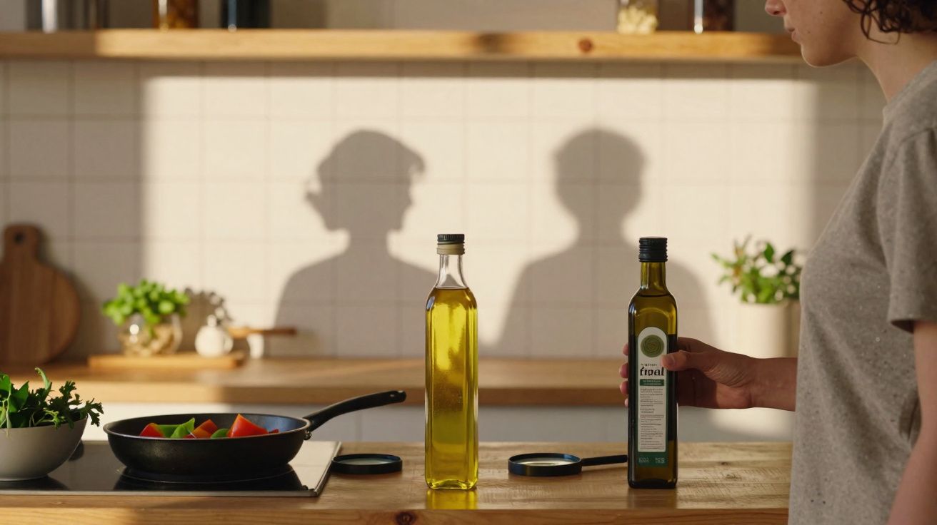 Pessoa na cozinha segurando garrafa de azeite próximo a panela com legumes no fogão elétrico.
