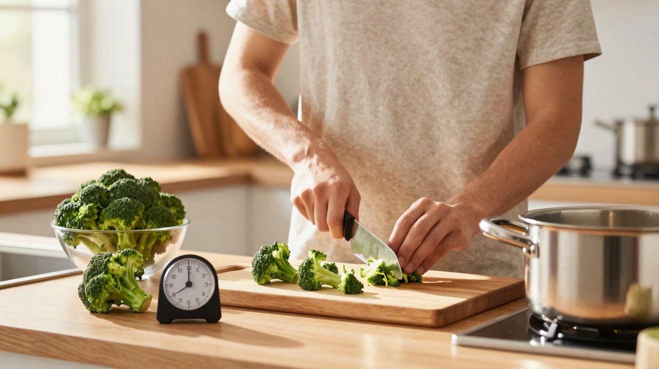 Pessoa cortando brócolis em tábua de madeira na cozinha com timer e panela ao lado