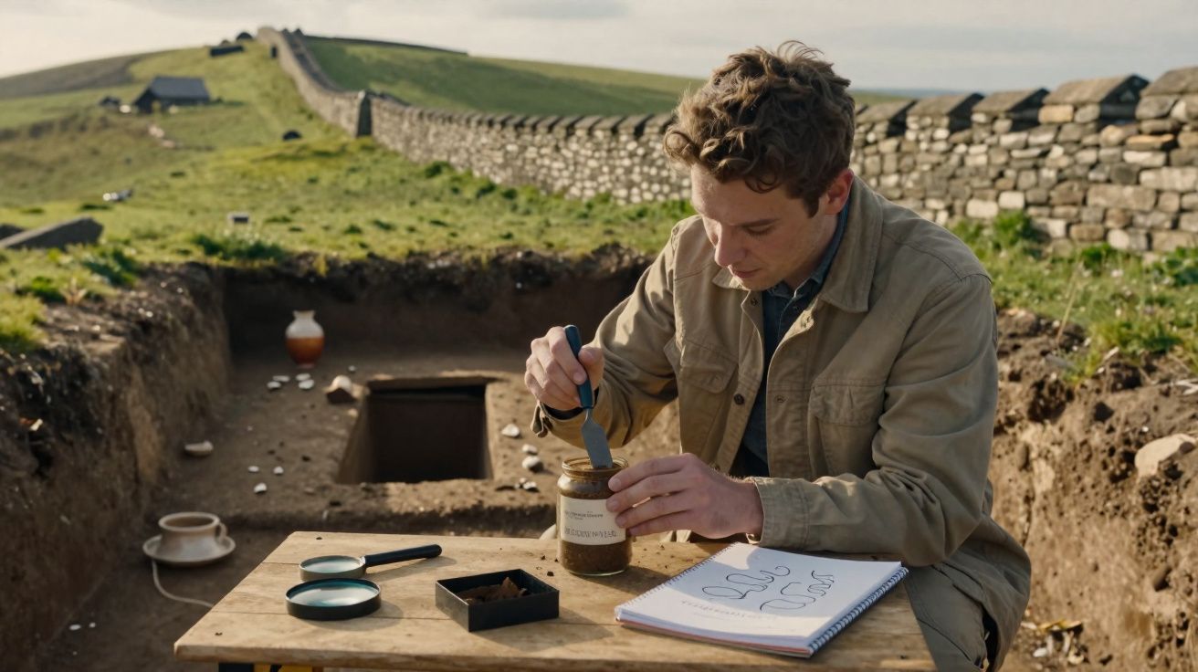 Jovem arqueólogo escavando e estudando artefatos em sítio arqueológico ao ar livre com paisagem verde.