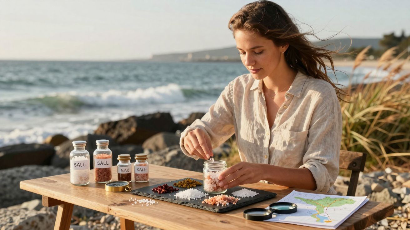 Mulher seleciona diferentes tipos de sal em potes à beira-mar com mapa e lupa na mesa de madeira.