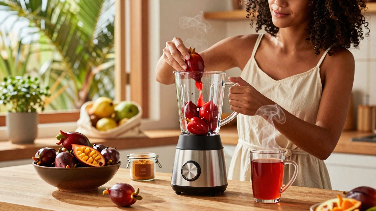 Mulher preparando suco com frutas vermelhas em liquidificador na cozinha iluminada e ventilada.