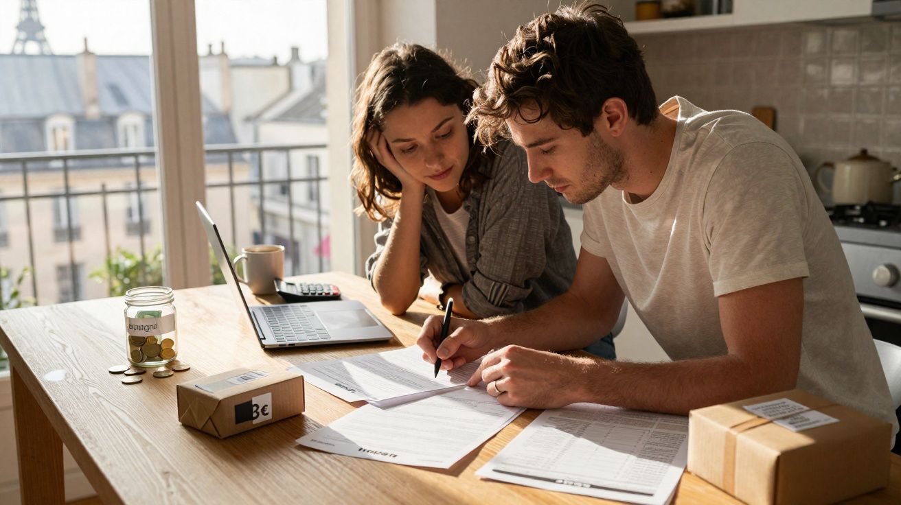 Casal jovem revisando documentos financeiros em uma mesa com laptop, calculadora e moedas em pote.