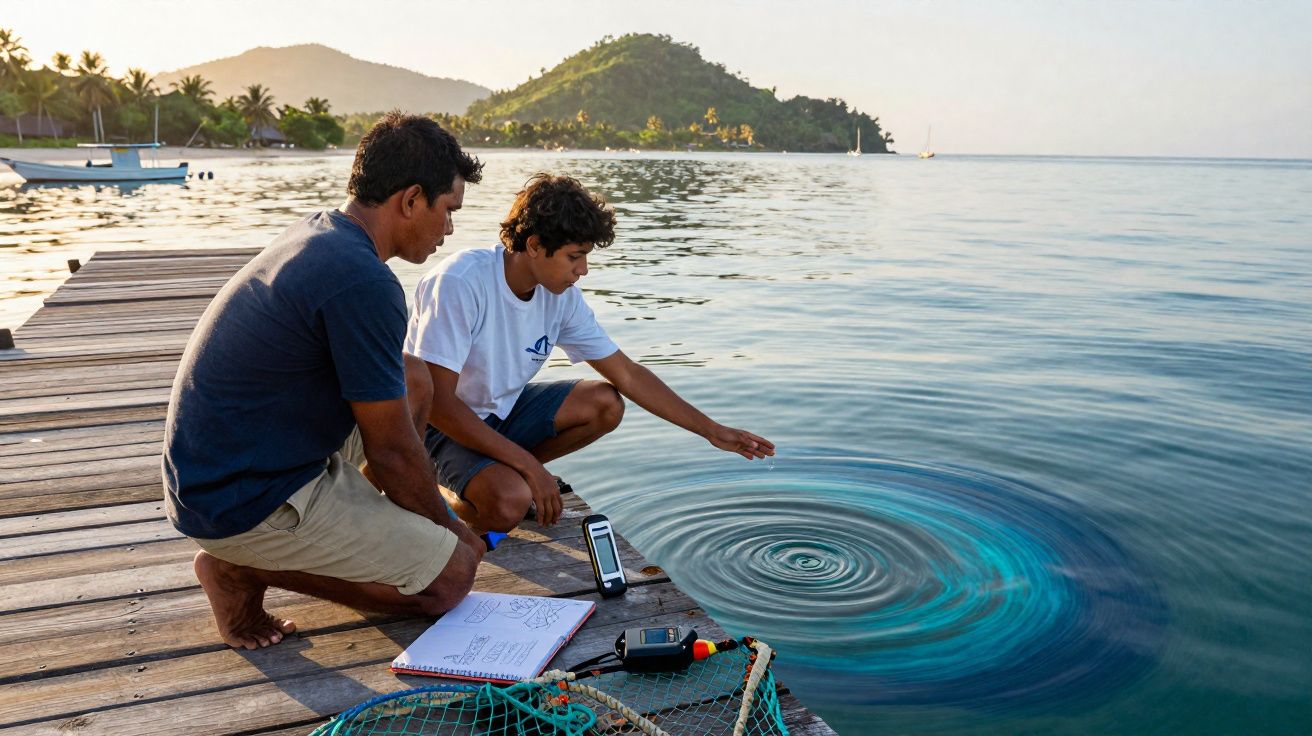 Dois homens em um píer observando equipamentos e um caderno enquanto interagem com a água em um cenário de praia e montanha.