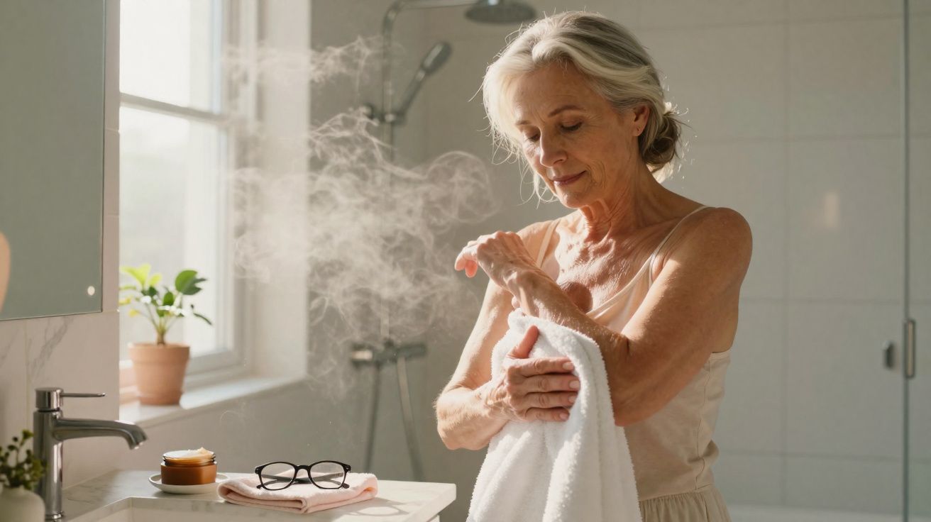 Mulher idosa seca o braço com toalha em banheiro claro com vapor no fundo.
