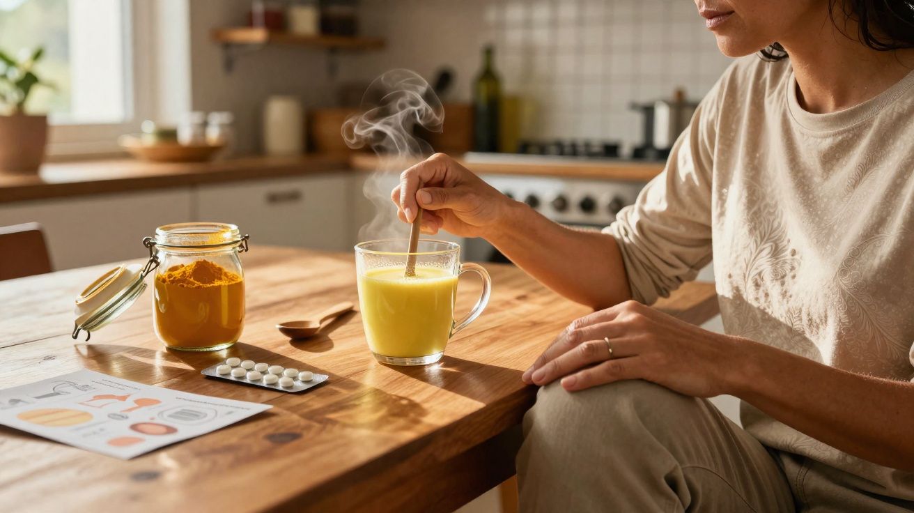 Pessoa mexendo bebida quente amarela em xícara na cozinha com pó amarelo e remédios na mesa.