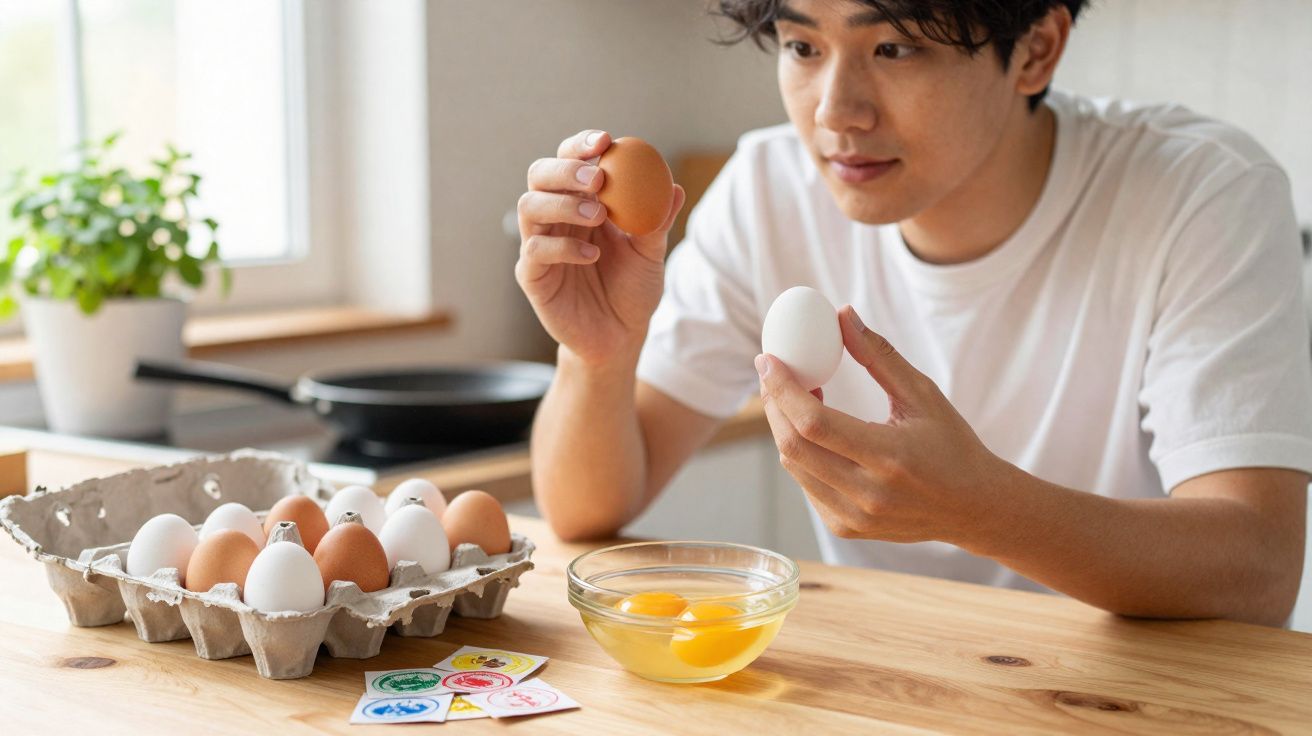 Homem segurando ovos branco e marrom com caixa de ovos e tigela com gemas na mesa de madeira.