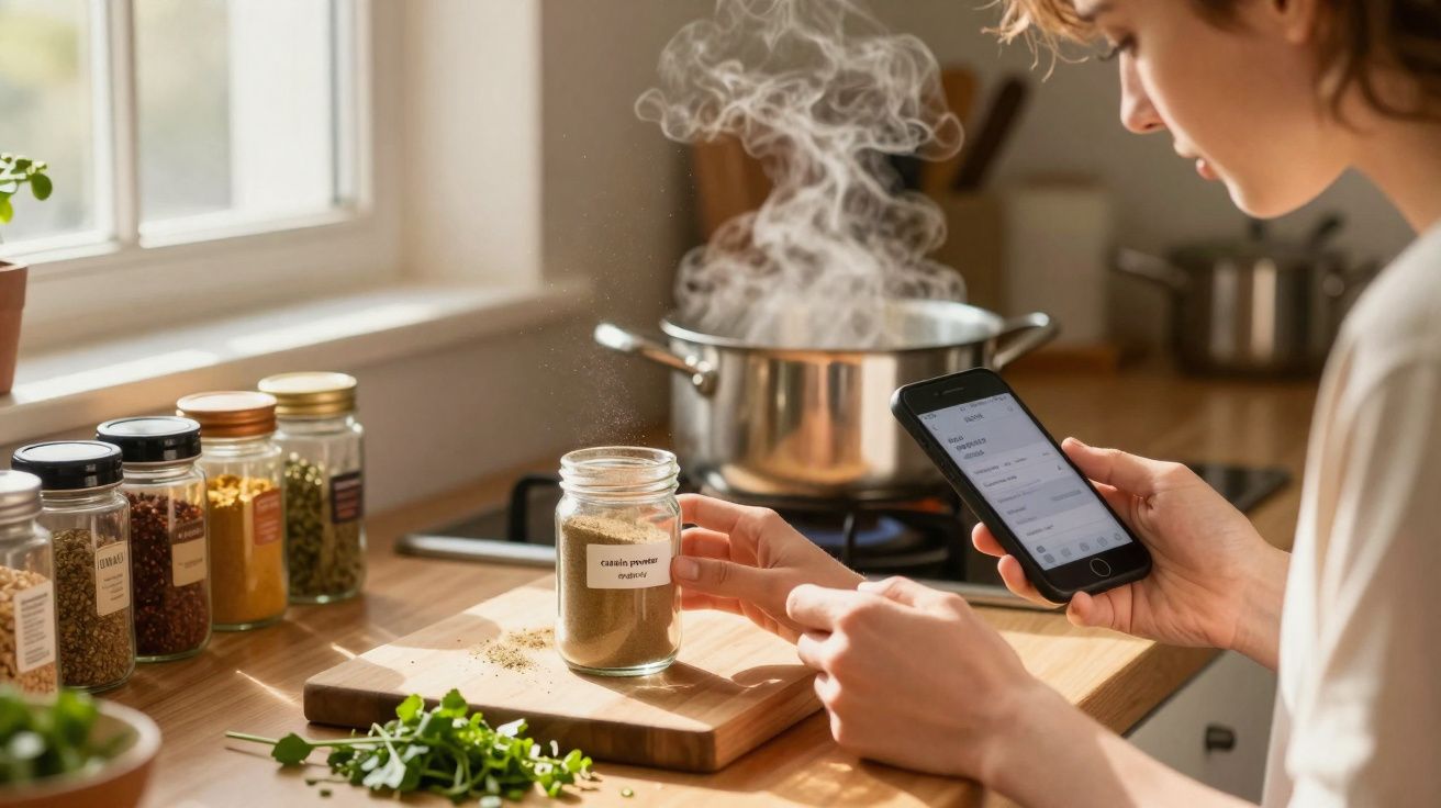 Pessoa segurando pote de especiaria e celular com panela fumegante no fogão e temperos na bancada da cozinha.