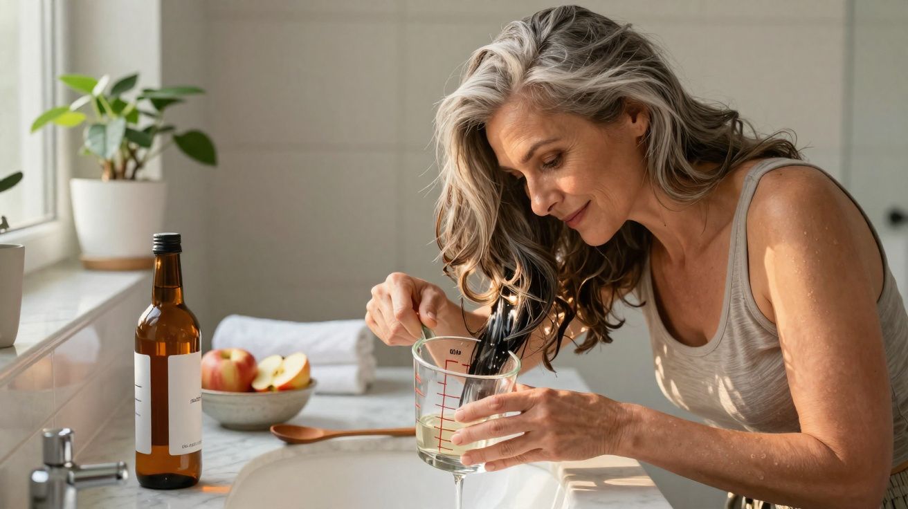 Mulher de cabelo grisalho preparando tratamento caseiro de cabelo com vidro e vara dentro da pia.