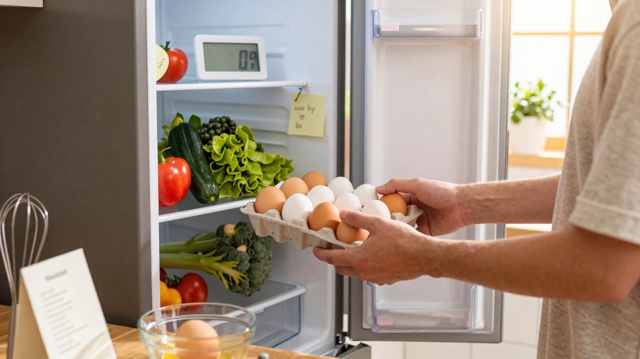Pessoa guardando ovos em embalagem dentro da geladeira aberta com legumes e verduras.