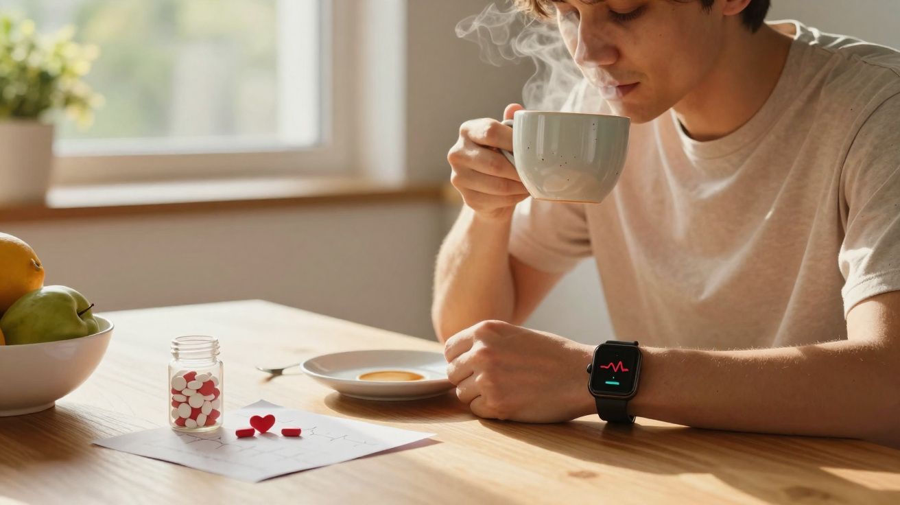 Homem tomando café em mesa com remédios, papel de eletrocardiograma e frutas ao fundo.