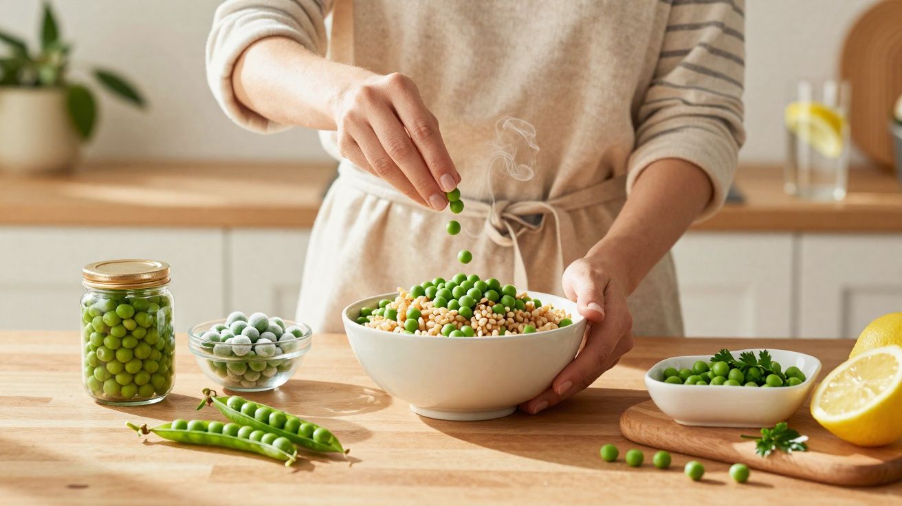 Pessoa adicionando ervilhas frescas em tigela com comida saudável em cozinha iluminada.