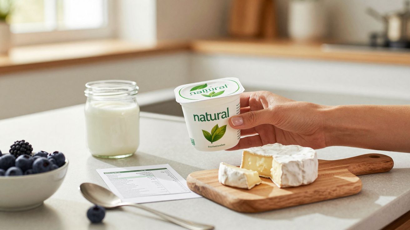 Mão segurando iogurte natural ao lado de queijo, frutas, pote de leite e colher sobre bancada de cozinha.
