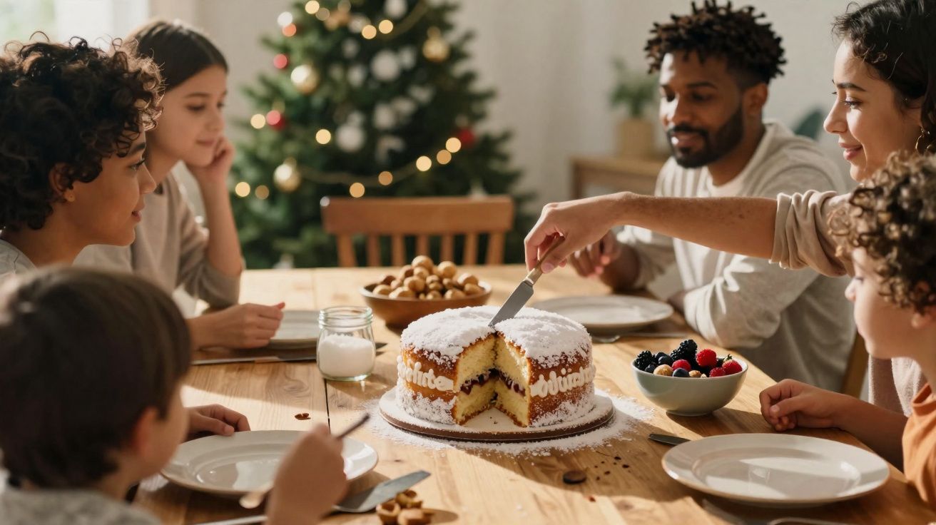 Família reunida em mesa decorada com bolo, frutas e árvore de Natal ao fundo, celebrando juntos.