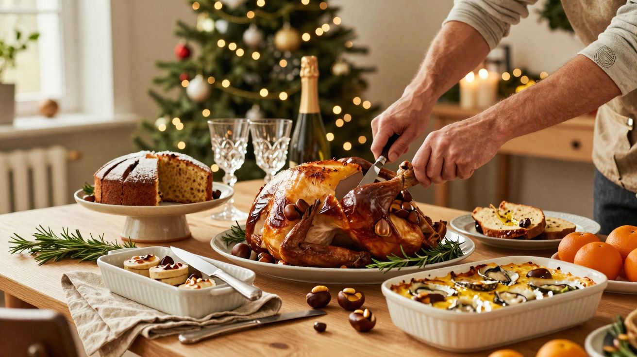 Pessoa cortando peru assado em mesa decorada para ceia de Natal com bolo, frutas e pratos variados.