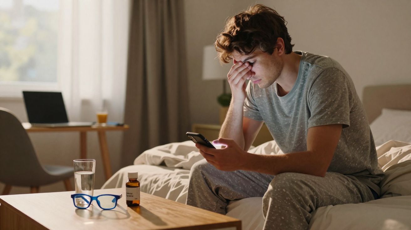 Homem sentado na cama com expressão cansada, segurando o celular e massageando a testa.