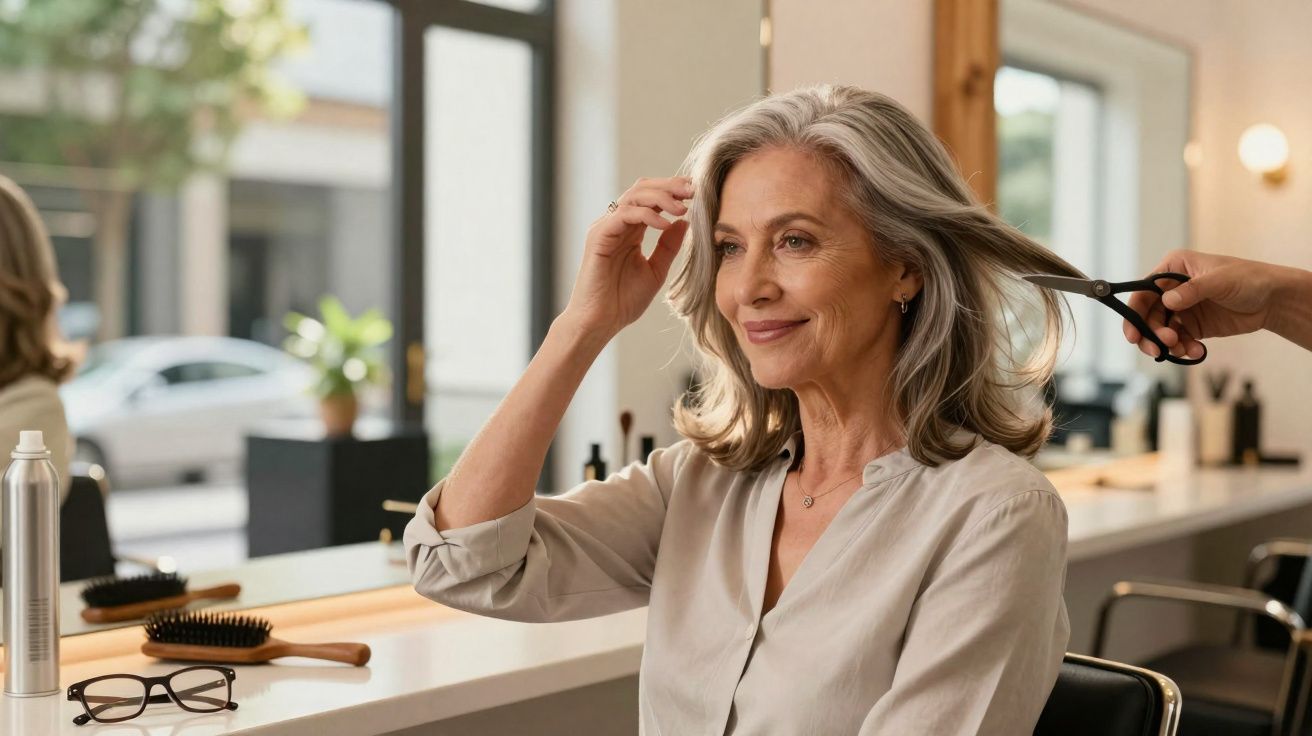 Mulher madura com cabelo grisalho cortado em salão de beleza, sorrindo ao olhar no espelho.