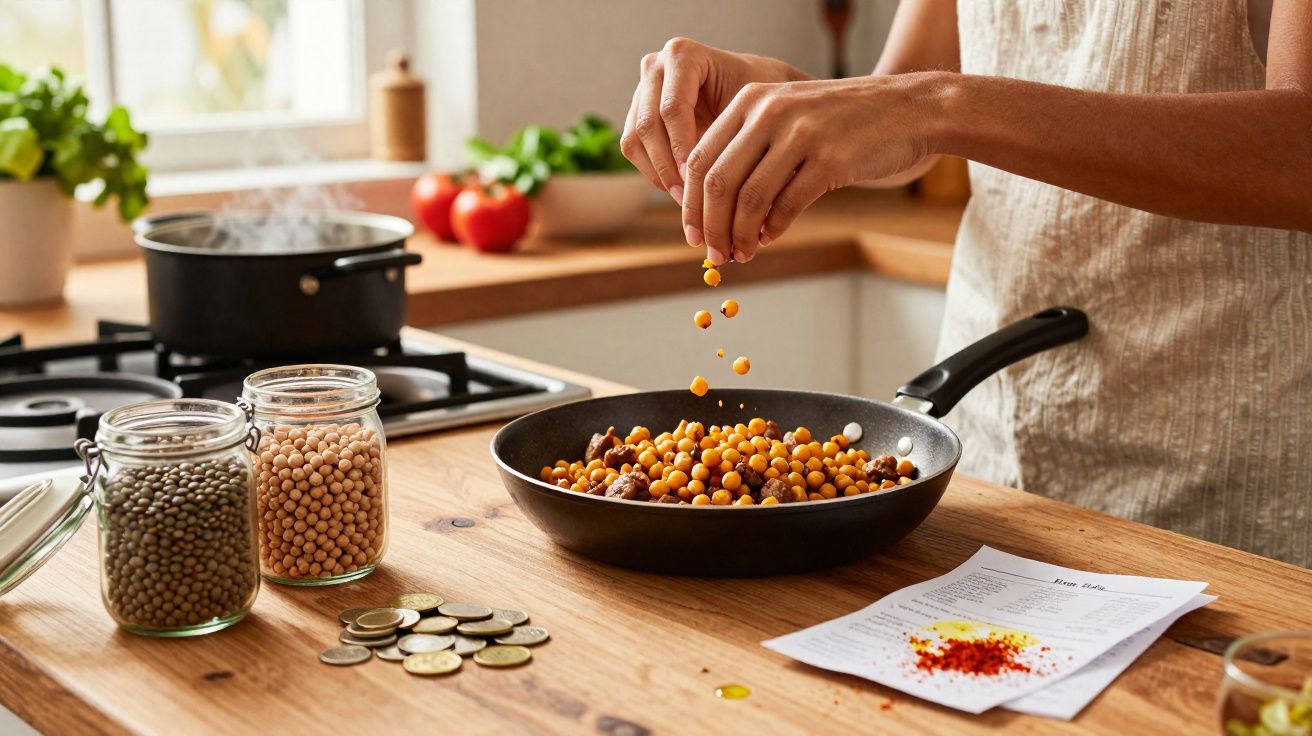 Pessoa temperando grão-de-bico em frigideira, com potes de leguminosas e moedas sobre bancada de madeira.