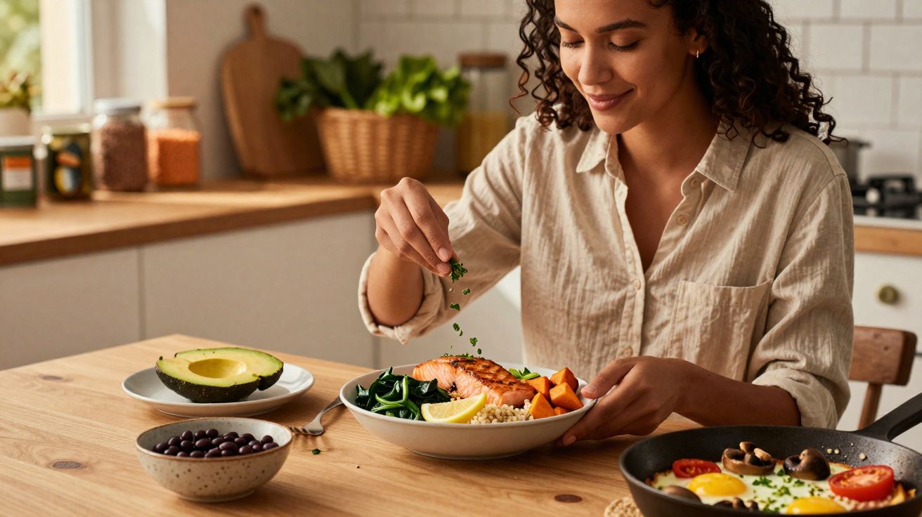 Mulher colocando tempero em prato com salmão, legumes e arroz em cozinha iluminada.