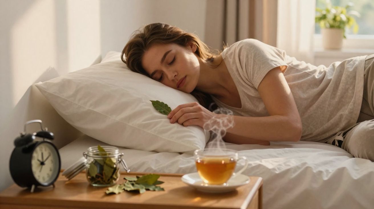 Mulher deitada na cama segurando folha, com despertador, pote de folhas e xícara de chá quente na mesa ao lado.