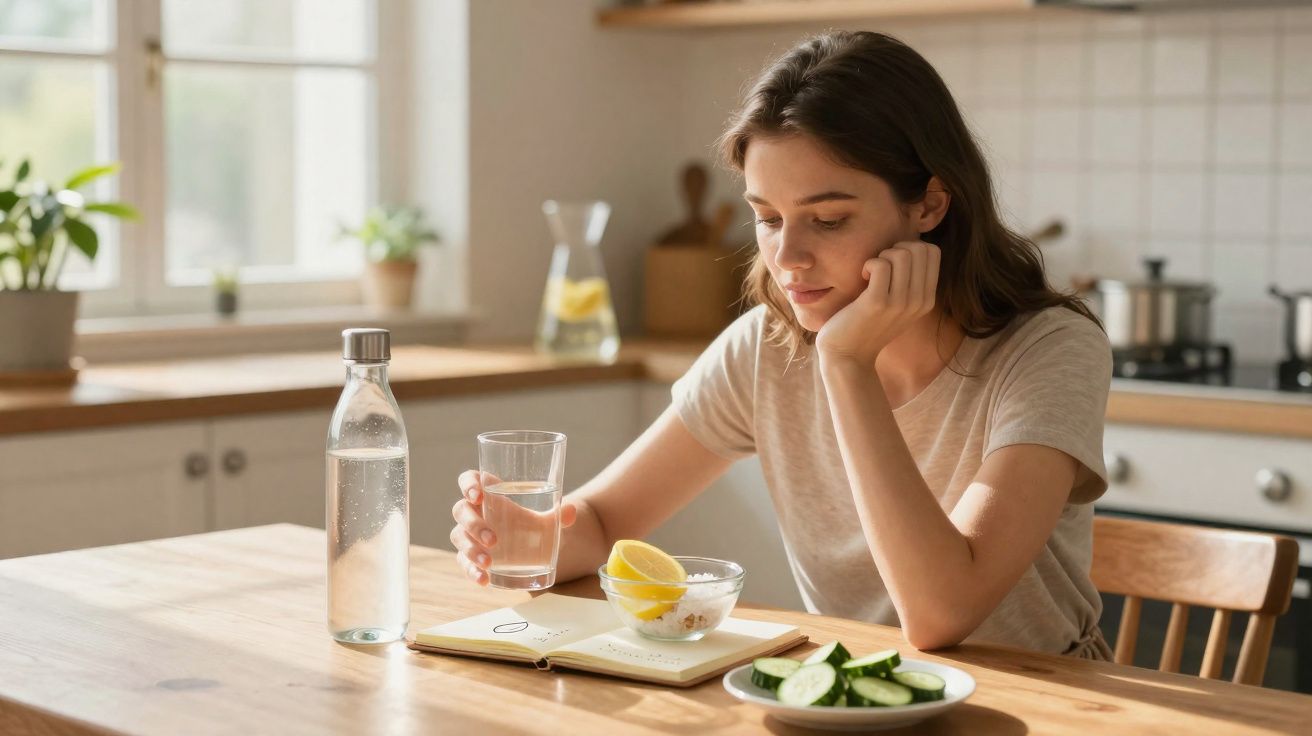 Mulher sentada à mesa na cozinha com copo de água, garrafa, alimentos e olhando caderno aberto.