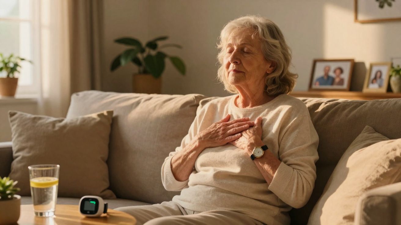 Mulher idosa sentada no sofá com mãos no peito, parecendo sentir dor ou desconforto.