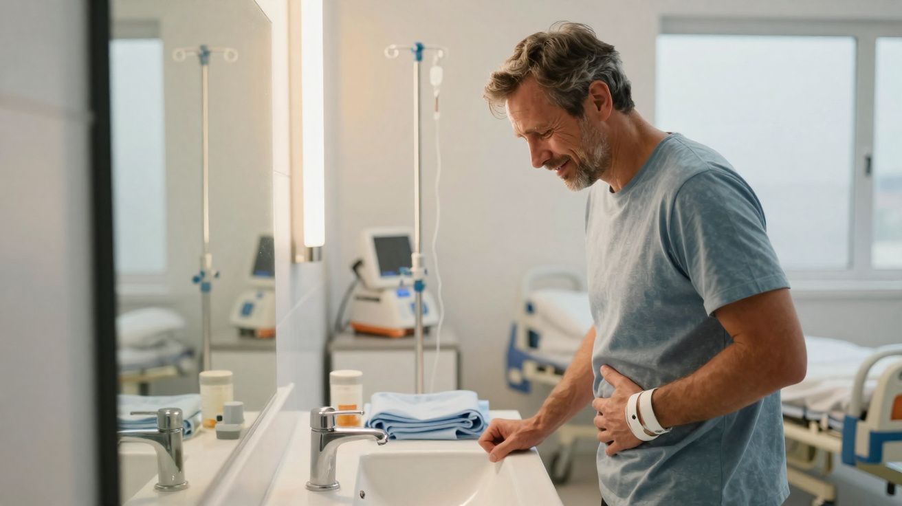 Homem com expressão de dor segurando barriga em banheiro de hospital.