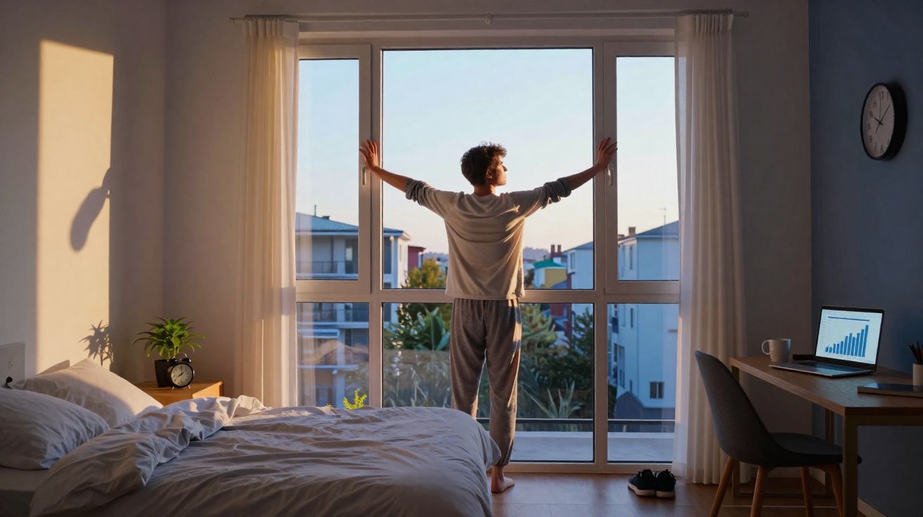 Pessoa de pijama abrindo a janela de um quarto ao amanhecer com luz natural entrando.