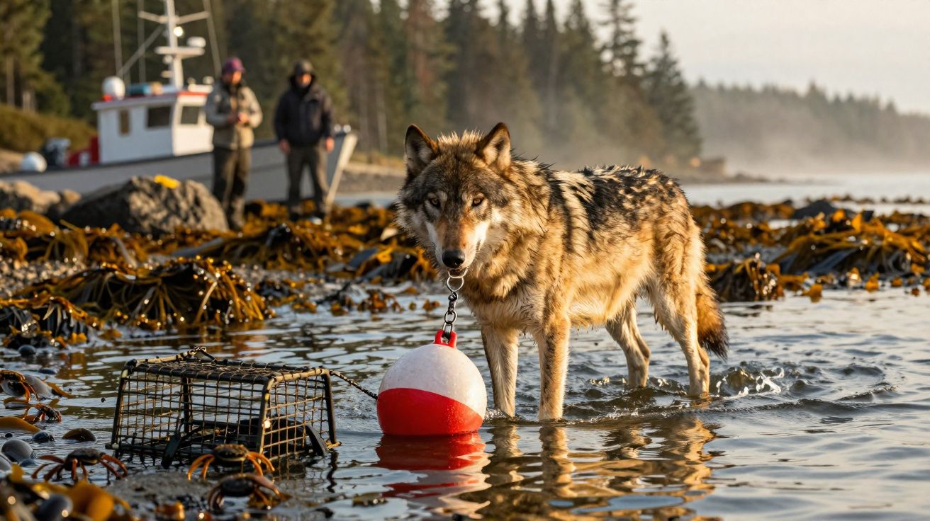 Lobo em águas rasas próximo a bóia e armadilha, com barco e duas pessoas ao fundo em área costeira.