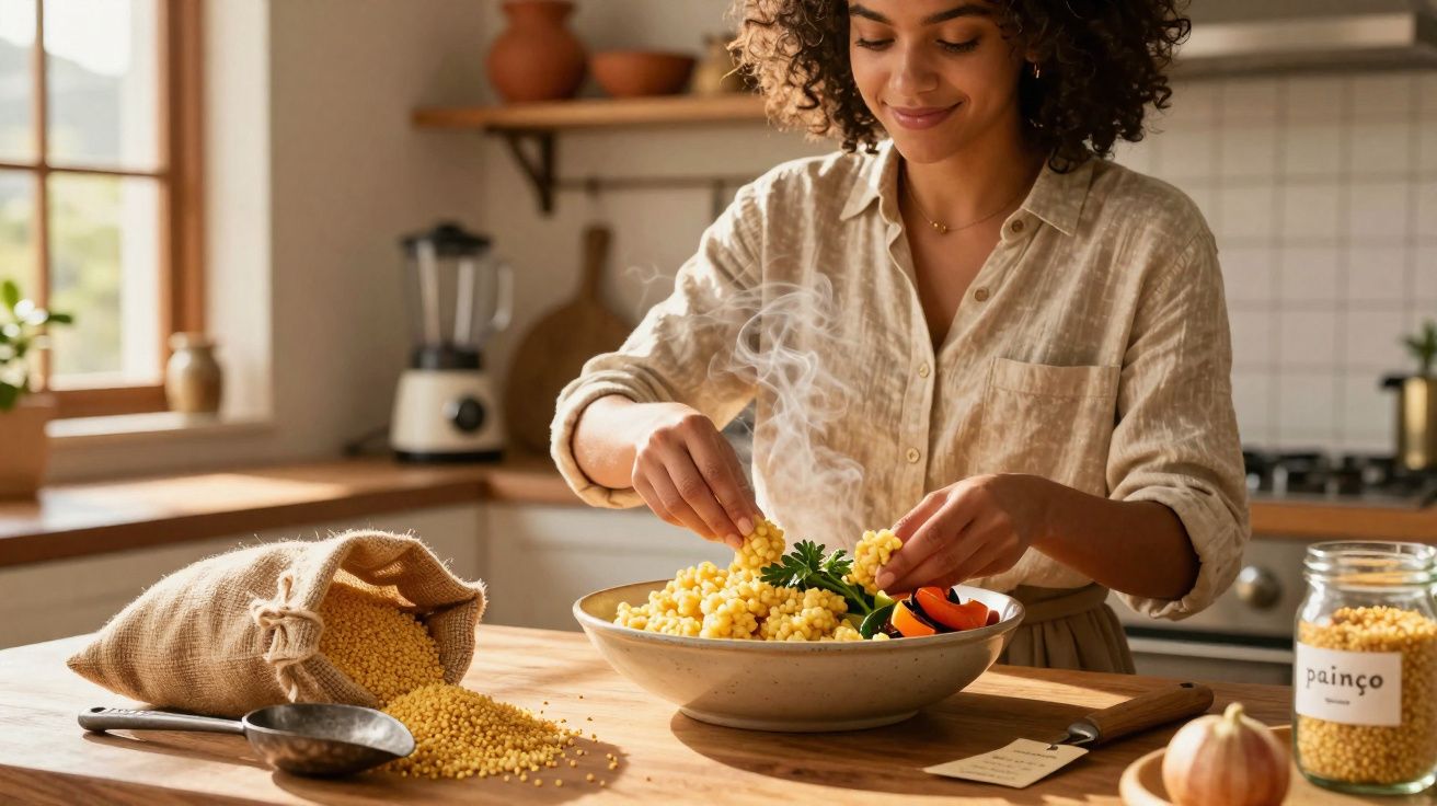 Mulher preparando prato saudável com painço e legumes quentes em cozinha iluminada.