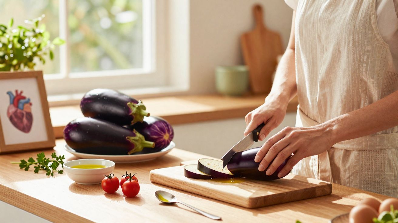 Pessoa cortando berinjela em fatias sobre tábua de madeira em cozinha iluminada por janela.