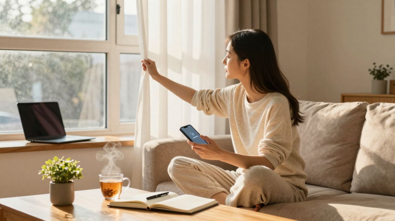Mulher sentada no sofá abrindo a cortina, segurando celular, com laptop, chá e caderno sobre mesa de madeira.