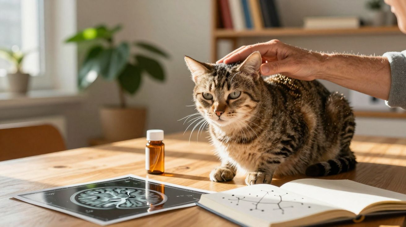 Pessoa acariciando gato ao lado de radiografia cerebral, frasco de remédio e livro aberto em mesa.