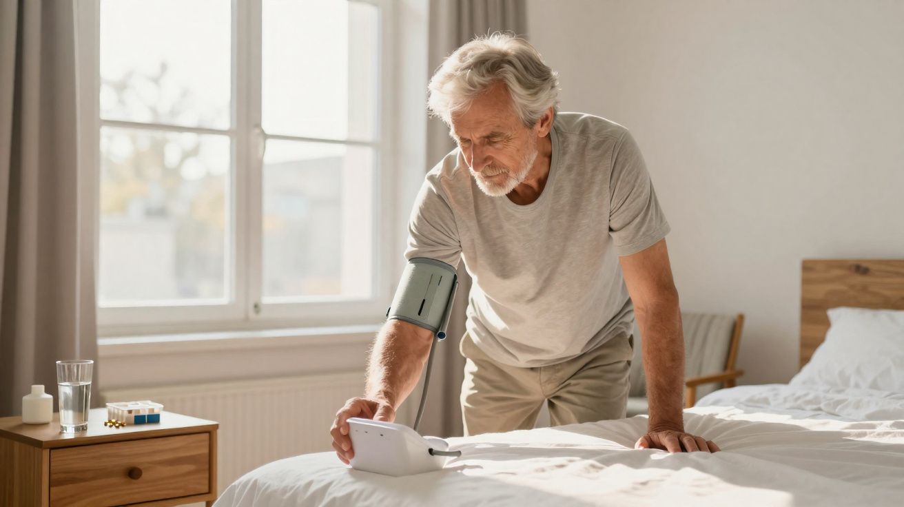 Homem idoso medindo a pressão arterial em quarto iluminado, com monitor e braçadeira no braço esquerdo.
