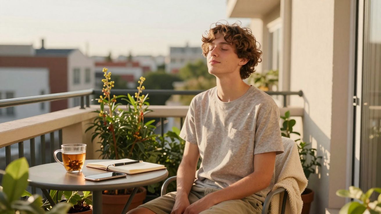 Jovem sentado em varanda ensolarada com olhos fechados, ao lado de mesa com chá, caderno e celular.