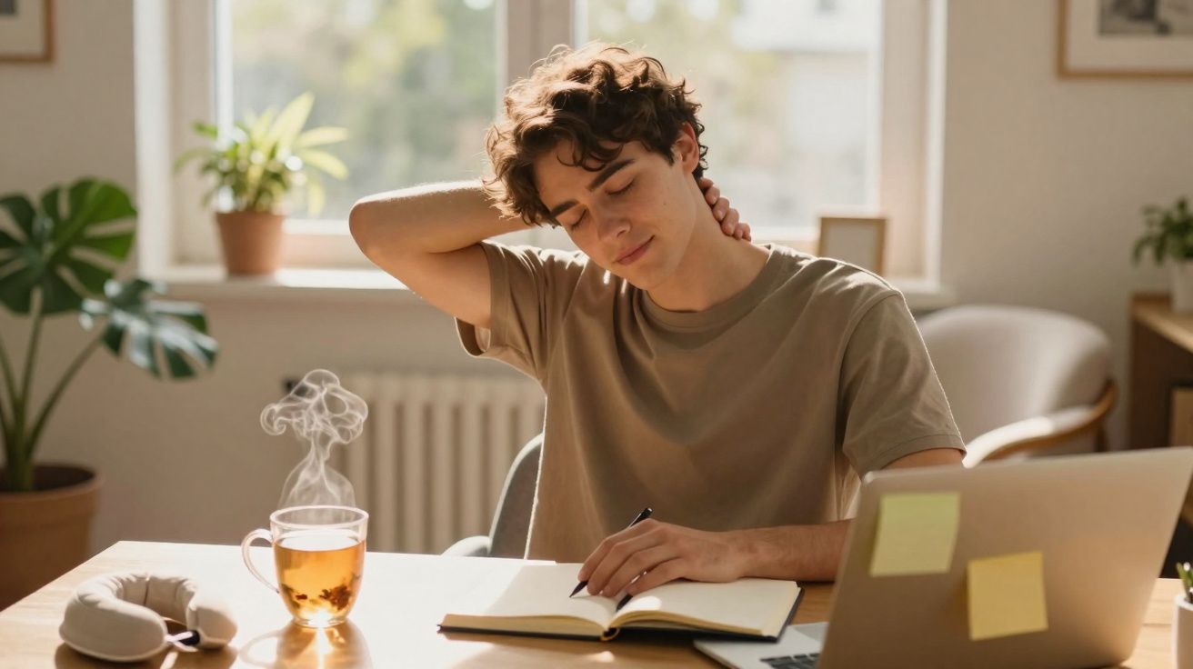 Jovem sentado em mesa com laptop e caderno, massageando o pescoço, ao lado de xícara de chá quente.