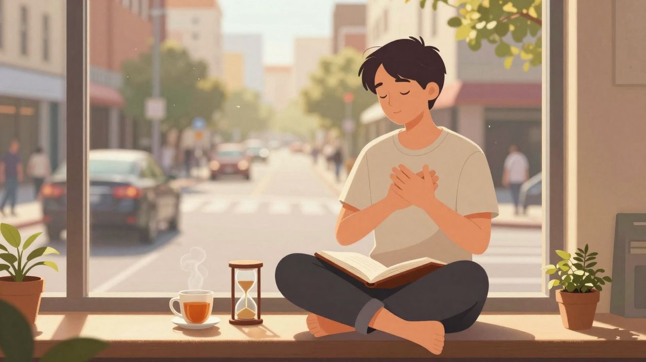 Pessoa sentada de pernas cruzadas lendo livro em parapeito com xícara de chá e ampulheta ao lado.