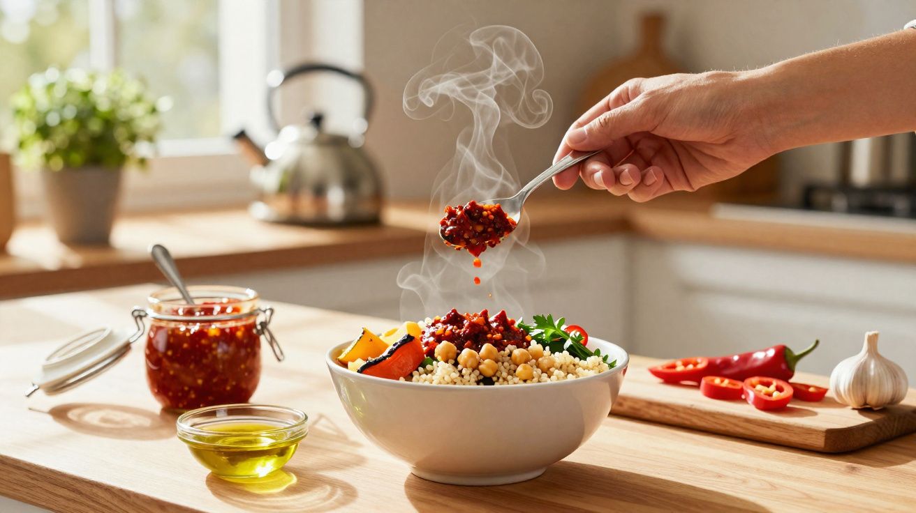 Mão adiciona molho apimentado quente em uma tigela de salada colorida em cozinha iluminada.