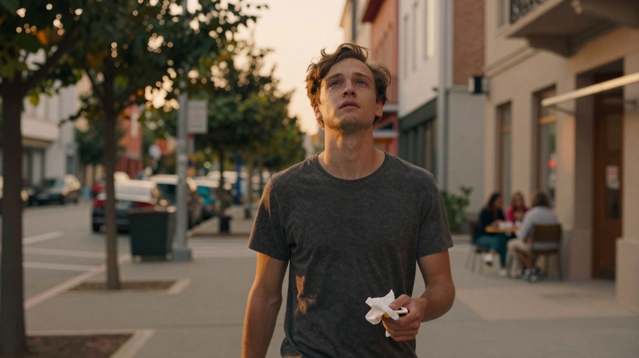 Jovem de camiseta cinza caminha na calçada de rua urbana ao entardecer, segurando papel amassado na mão.