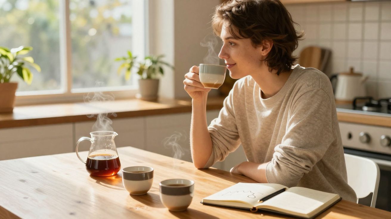 Pessoa jovem segura xícara de café quente na cozinha, com caderno aberto sobre mesa de madeira.