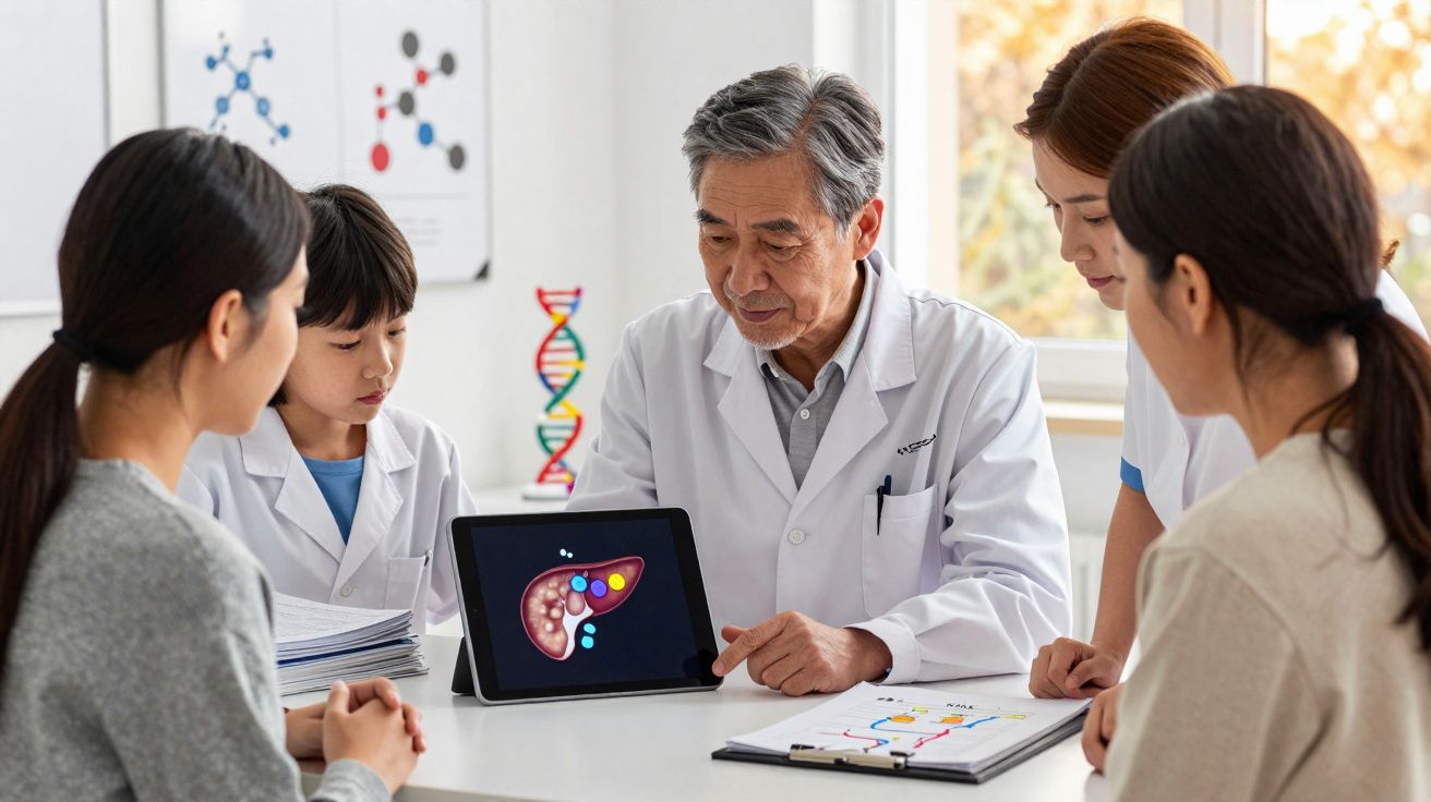Médico explicando funcionamento do fígado para grupo de pacientes em consultório com tablet.