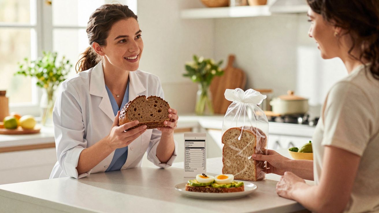 Nutricionista com jaleco segurando pão integral e conversando com mulher na cozinha moderna.