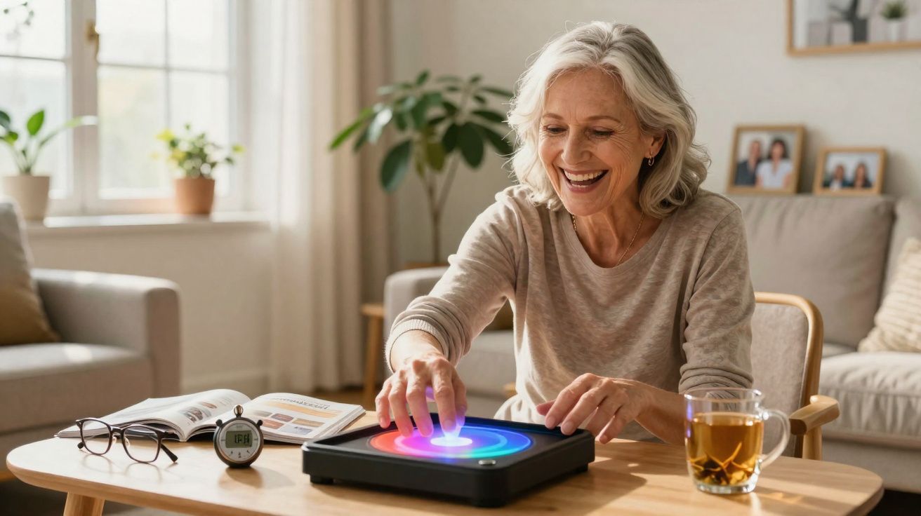 Mulher idosa sorridente usando dispositivo eletrônico colorido enquanto senta em mesa de sala iluminada.