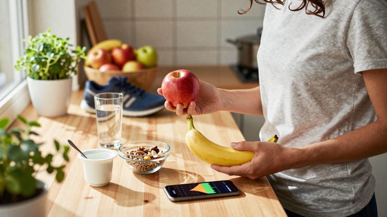 Pessoa com camiseta cinza segurando uma maçã e uma banana em cozinha com frutas, iogurte e celular sobre bancada.