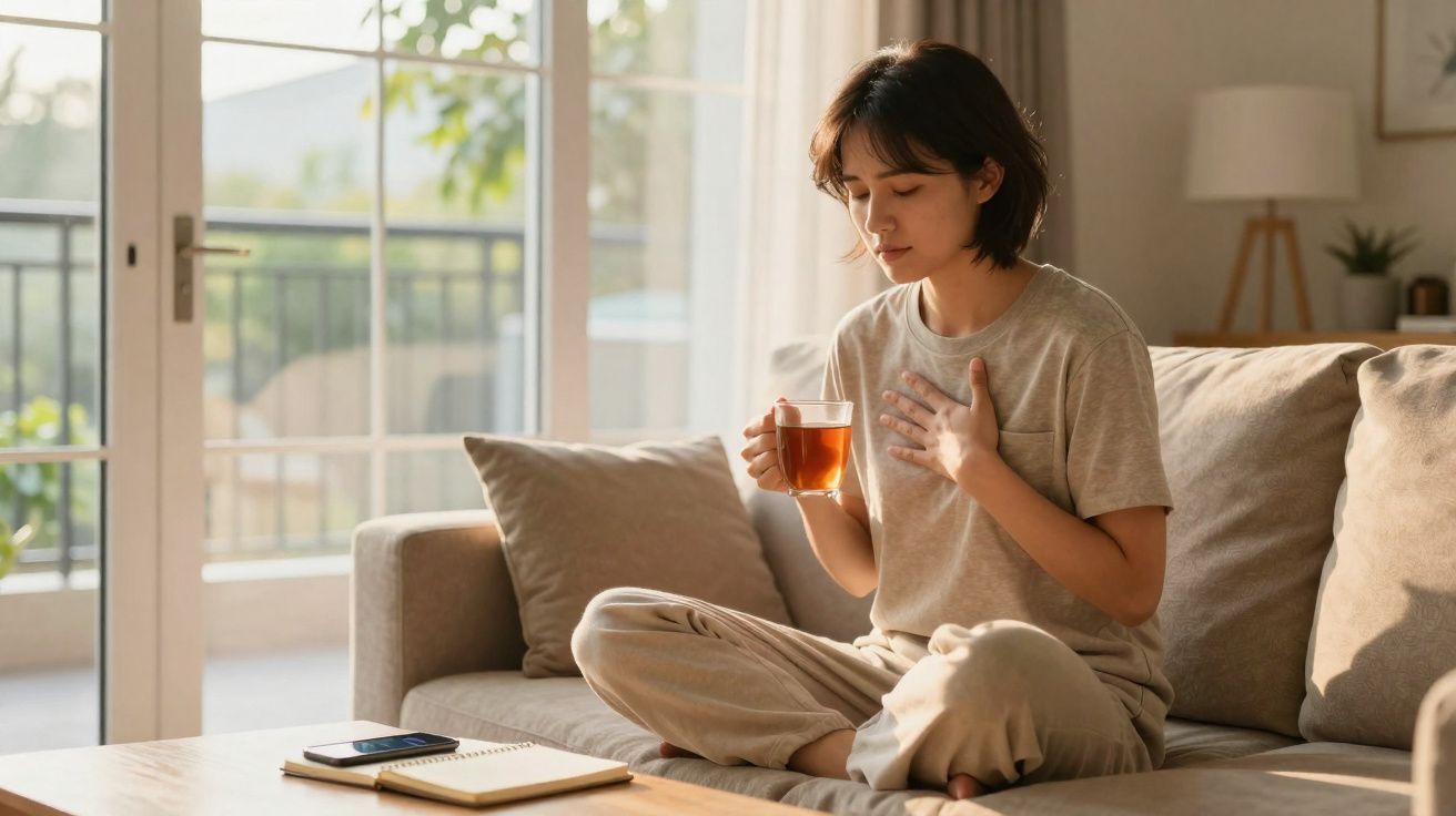 Mulher sentada no sofá segurando xícara de chá e com a mão no peito, aparentando desconforto.
