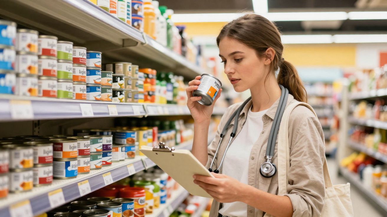 Mulher com estetoscópio checa informações de lata de alimento em supermercado, segurando um bloco de notas.