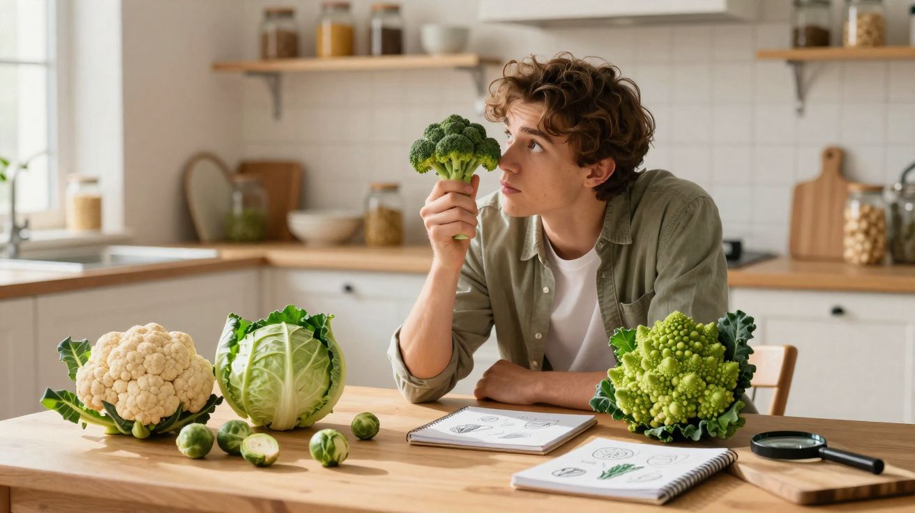Jovem sentado à mesa segurando um brócolis, com couve-flor, repolho, romanesco e cadernos na cozinha.