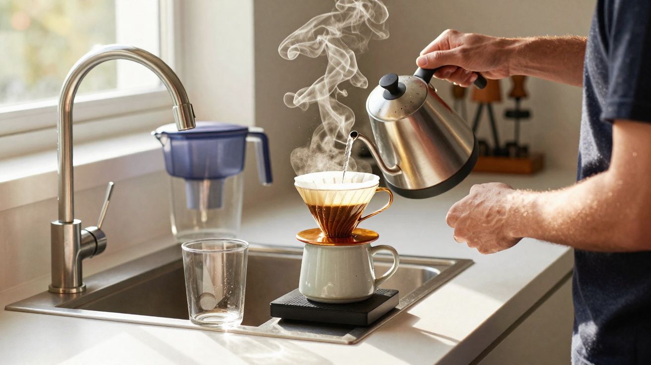 Pessoa despejando água quente em filtro de café sobre caneca na pia da cozinha.