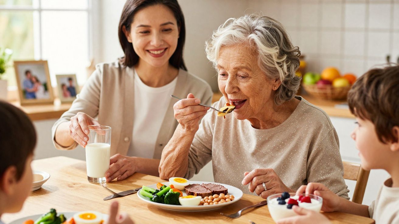 Idosa feliz comendo refeição saudável à mesa com família em cozinha iluminada.