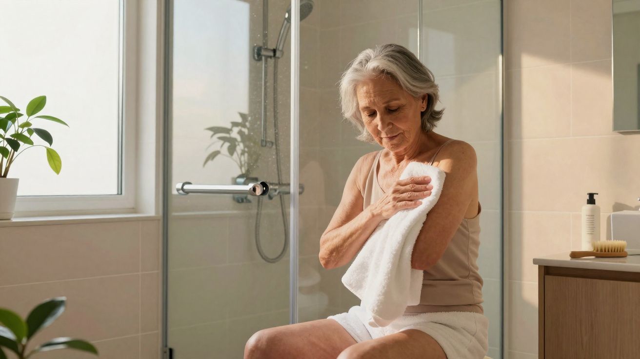 Mulher idosa sentada no banheiro, secando o braço com uma toalha branca.