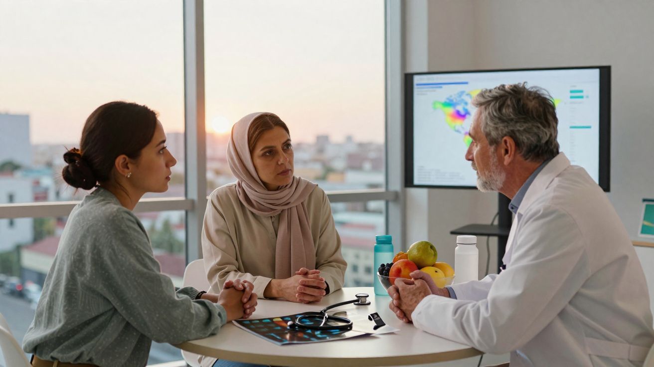 Duas mulheres conversando com médico em consultório, com frutas e equipamentos médicos na mesa.
